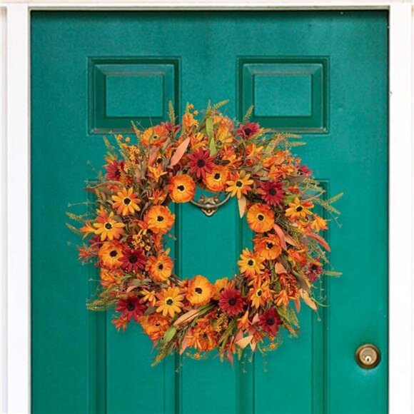 22" Artificial Orange Daisy‎ Wreath with Wildflowers Berries for Indoor Outdoor - Picture 7 of 7